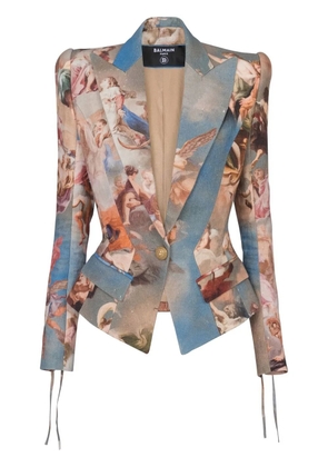 Balmain abstract-print double-breasted blazer - Blue
