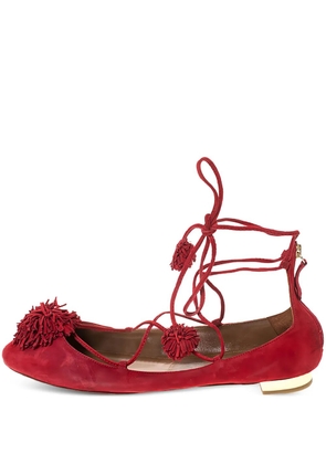 Aquazzura pre-owned Sunshine pompom ankle-tie ballet flats - Red