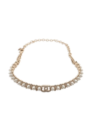 CHANEL Pre-Owned 2022 CC Gold Plated Strass Crystal Studded Faux Pearl Chain Choker Necklace costume necklace - White