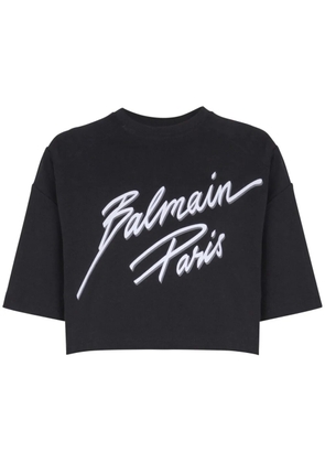 Balmain logo-flocked cropped T-shirt - Black
