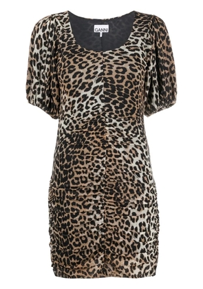 GANNI leopard-print ruched mini dress - Brown