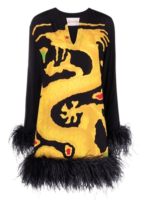 Valentino Garavani dragon-print feather-trim silk dress - Black