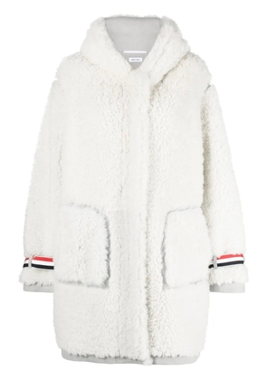 Thom Browne stripe-trim hooded shearling coat - White