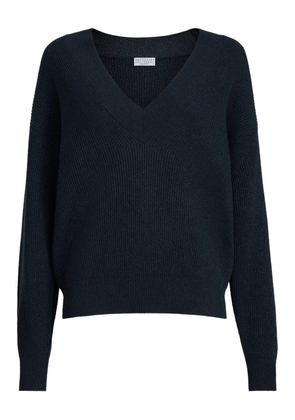 Brunello Cucinelli sparkling-detail ribbed V-neck sweater - Blue