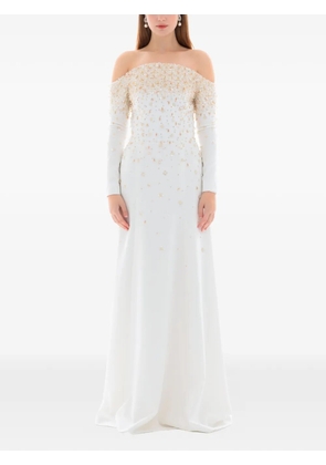 Dina Melwani pearl crystal embellished gown - White