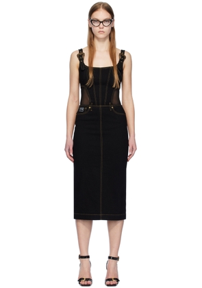 Versace Jeans Couture Black Baroque Buckle Denim Midi Dress