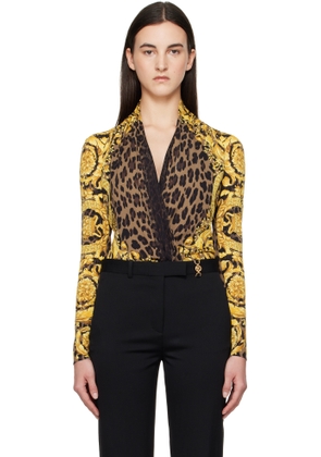 Versace Black & Gold Wild Barocco Silk Draped Bodysuit