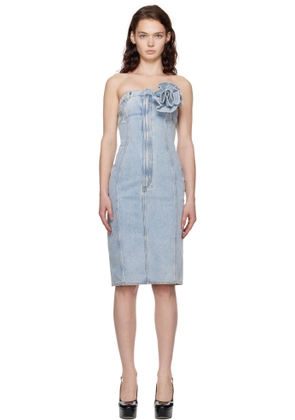 AREA Blue Flower Corsage Strapless Denim Midi Dress