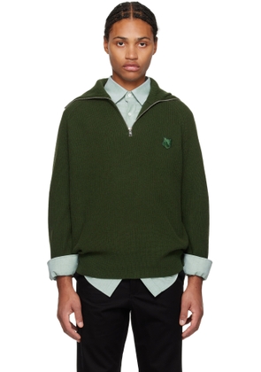 Maison Kitsuné Green Bold Fox Head Patch Half Zip Ribbed Sweater