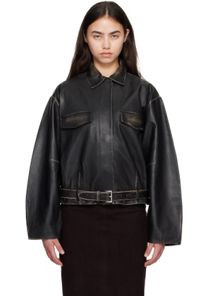 St. Agni Black Brushed Belted Leather Jacket