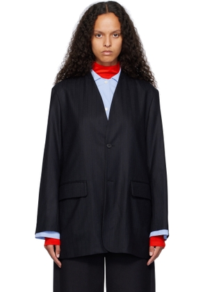 AURALEE Navy Wool Fulling Flannel Stripe Blazer