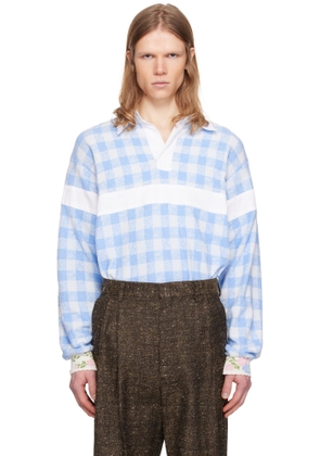 Anna Sui Blue & White Gingham Terry Long Sleeve Polo