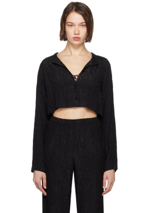 Silk Laundry Black Crinkle Collarless Crop Shirt