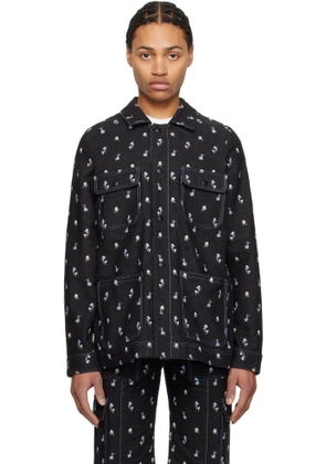 Anna Sui Black Embroidered Roses Barn Denim Jacket