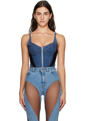 Mugler Blue & Black Paneled Denim Bodysuit