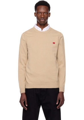Hugo Beige Knitted Cotton Red Logo Label Sweater