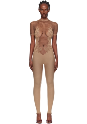 Poster Girl Beige Leaves Fishnet Jumpsuit