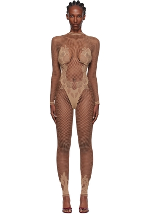 Poster Girl Beige Leaves Fishnet Capri Jumpsuit