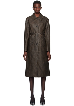 Kijun Brown Stitched Faux-Leather Coat