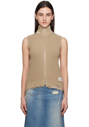 MM6 Maison Margiela Beige Eaten Knit Logo Zip Up Vest
