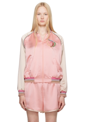 Anna Sui Pink Satin Embroidered Souvenir Bomber Jacket