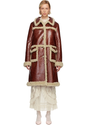 Anna Sui Brown Curly Lamb Trim Faux-Leather Coat