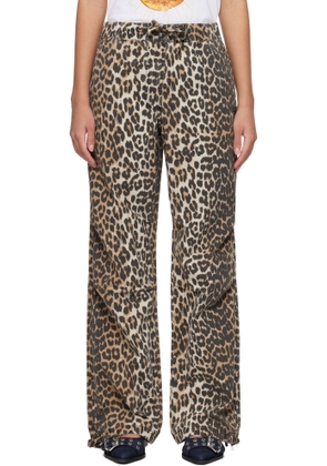 GANNI Brown Leopard Washed Cotton Canvas Drawstring Trousers