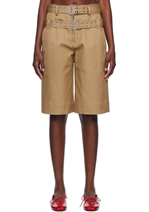GANNI Tan Bonded Cotton Belt Shorts