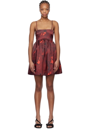 GANNI Burgundy Floral Print Satin Strap Minidress