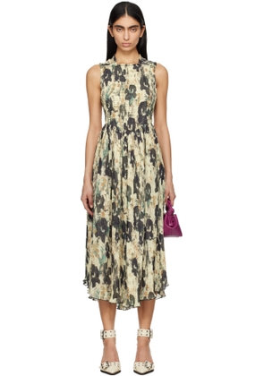 GANNI Beige & Black Printed Pleats Smock Straps Midi Dress