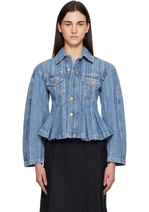 GANNI Blue Striped Pleated Denim Jacket