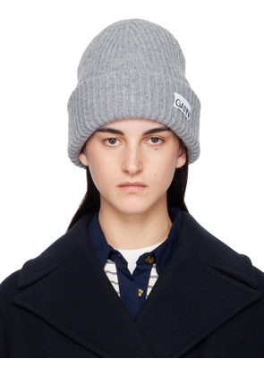 GANNI Gray Oversized Wool Rib Knit Beanie