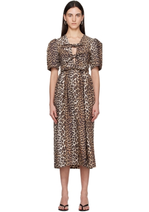 GANNI Brown Leopard Printed Cotton Midi Dress