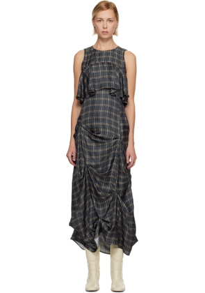 GANNI Navy Check Ruffle Midi Dress