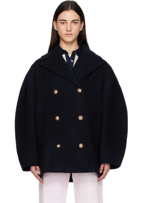 GANNI Navy Wool Oversized Midi Pea Coat