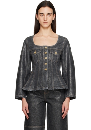 GANNI Black Shimmery Foil Denim Blazer