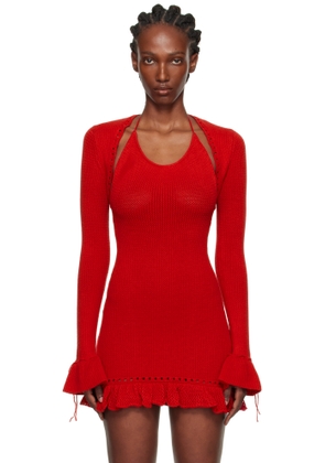 GUIZIO Red Crochet Ruffle Sleeve Bolero Cardigan