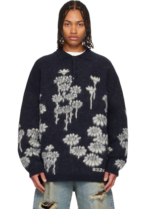 032c Navy Melting Daisies Knit LS Polo