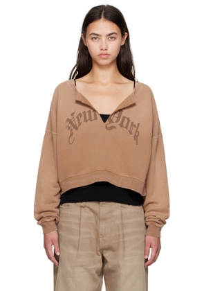 R13 Tan 'New York' Cropped Front Slit Sweatshirt