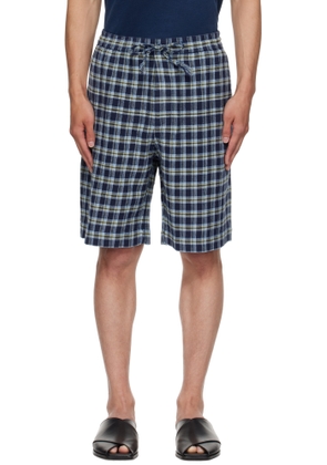 The Elder Statesman Navy Dune Plaid Fringe Beach Shorts