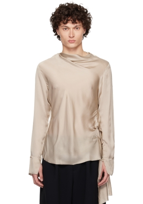 AARON ESH Taupe Draped Neck Long Sleeve Silk Blouse