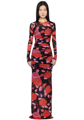 Blumarine Black & Red Floral Print Maxi Dress