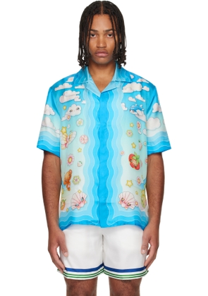 Casablanca Blue Kawaii Motif Short Sleeve Silk Twill Shirt
