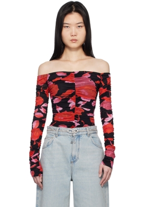 Blumarine Black & Red Printed Jersey Draped Top