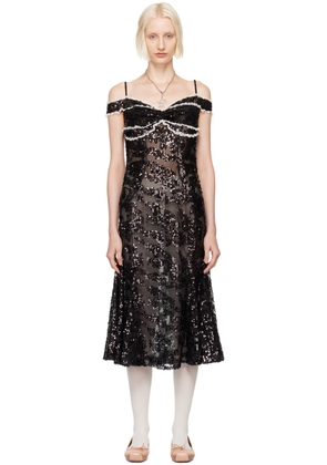Yuhan Wang Black Off Shoulder Sequin Midi Dress