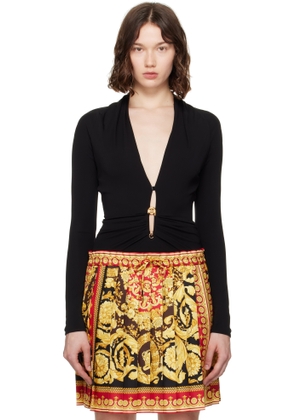 Versace Black Safety Pin Draped Fitted Bodysuit