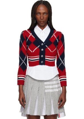 Thom Browne Red Argyle Intarsia Merino Wool Shrunken Cardigan