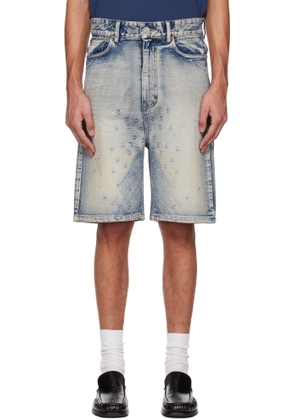 We11done Blue Embroidery Washed Denim Shorts