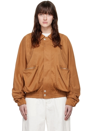 lesugiatelier Tan Embroidered Faux-Leather Bomber Jacket