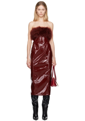 Blumarine Burgundy Marabou Feather Faux-Leather Midi Dress
